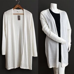 NEW J.Jill Linen White Open Front Long Sweater Knit Cardigan Neutral Coastal L